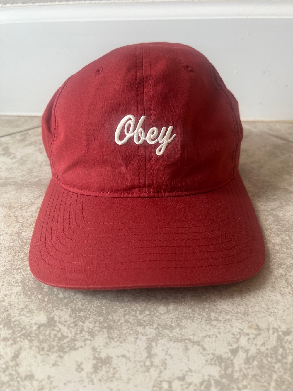 Obey Burgundy Red Strapback Hat with Brass Buckle